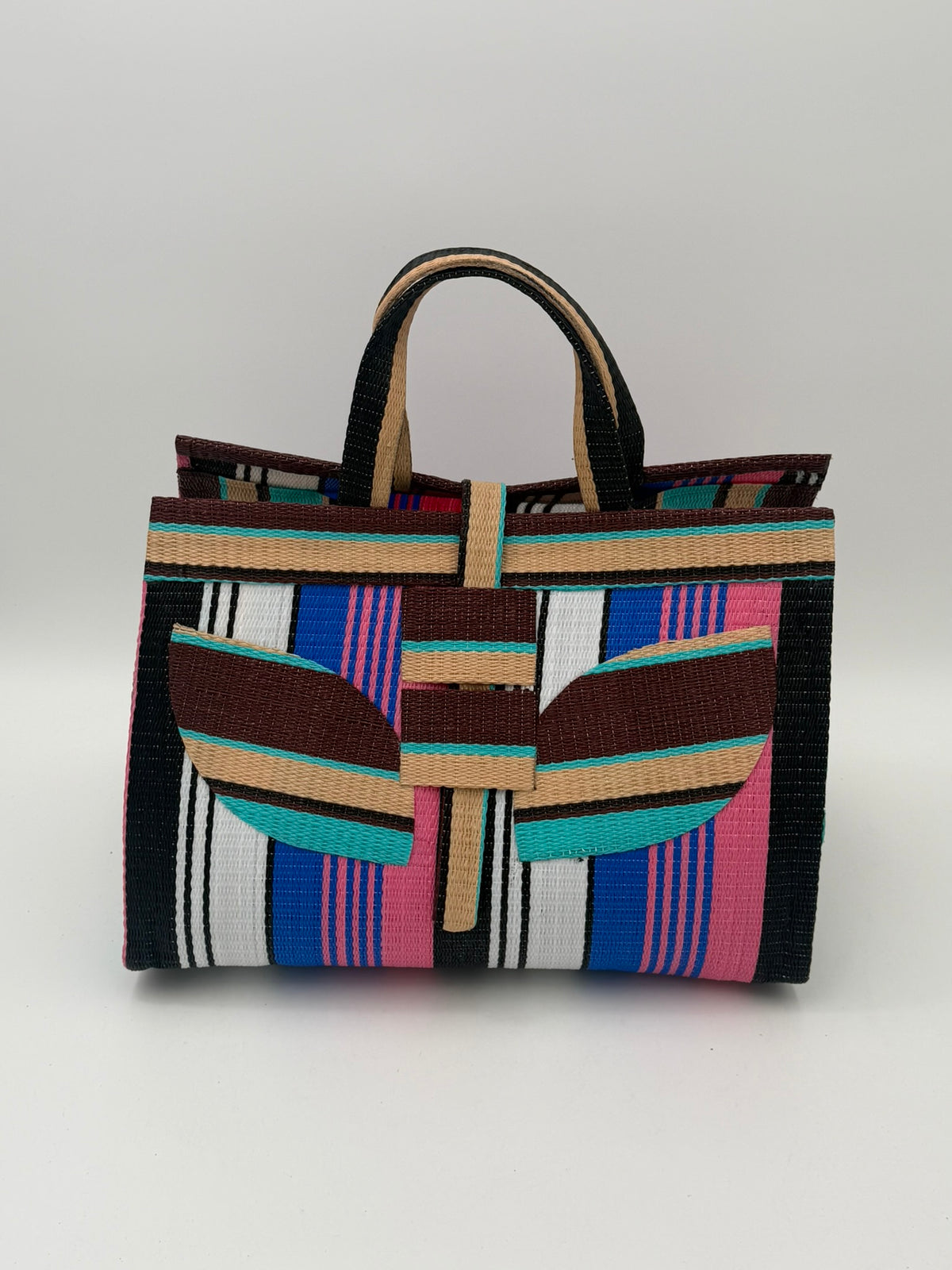 Teal Blocks Large handwoven tote bag by SCRUBIES in Beige,Teal,Black,Red with Stripes design and Abstract accent pattern