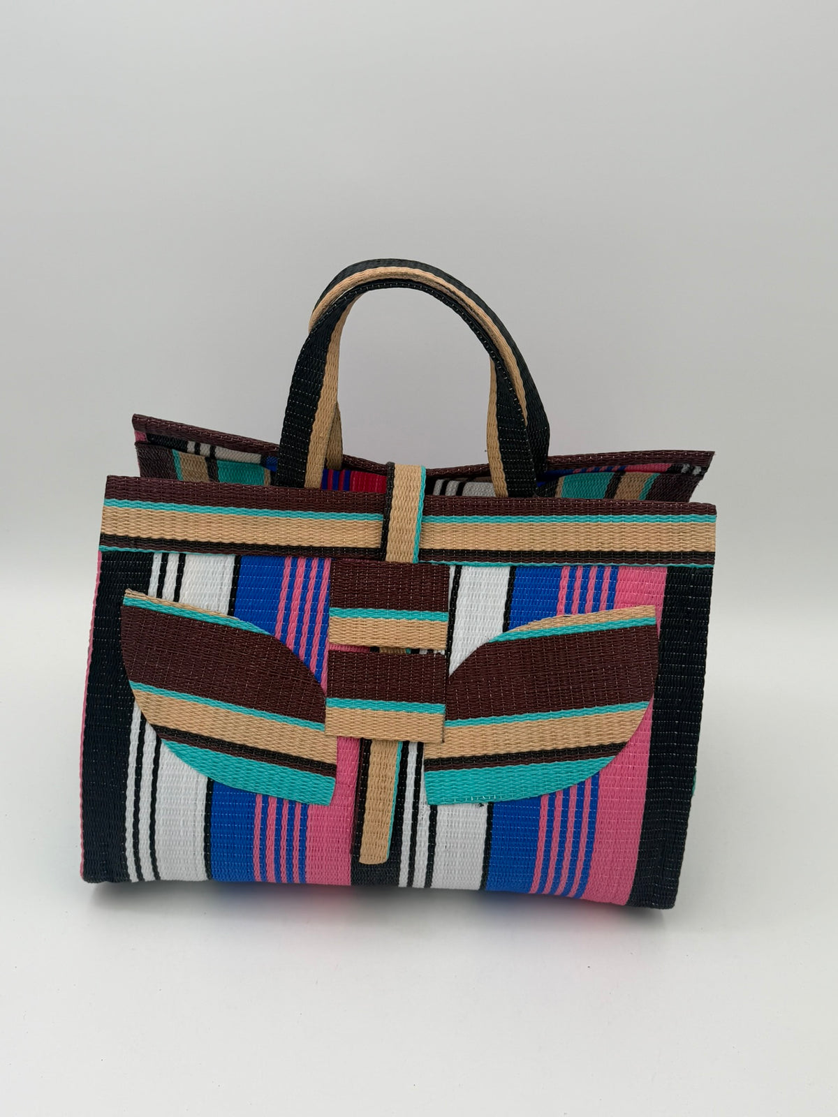 Teal Blocks Large handwoven tote bag by SCRUBIES in Beige,Teal,Black,Red with Stripes design and Abstract accent pattern