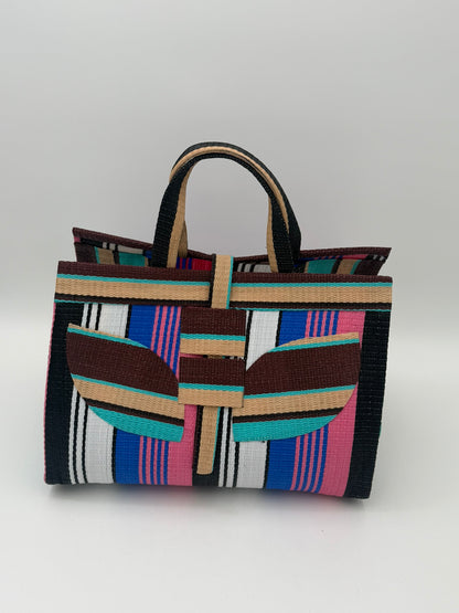 Teal Blocks Large handwoven tote bag by SCRUBIES in Beige,Teal,Black,Red with Stripes design and Abstract accent pattern