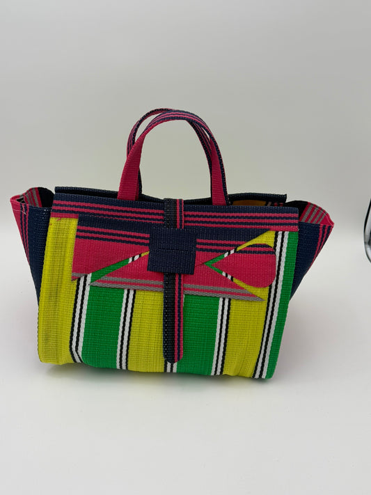 Sunshine Large handwoven tote bag by SCRUBIES in Yellow,Green,Pink,Blue with Stripes design and Abstract accent pattern