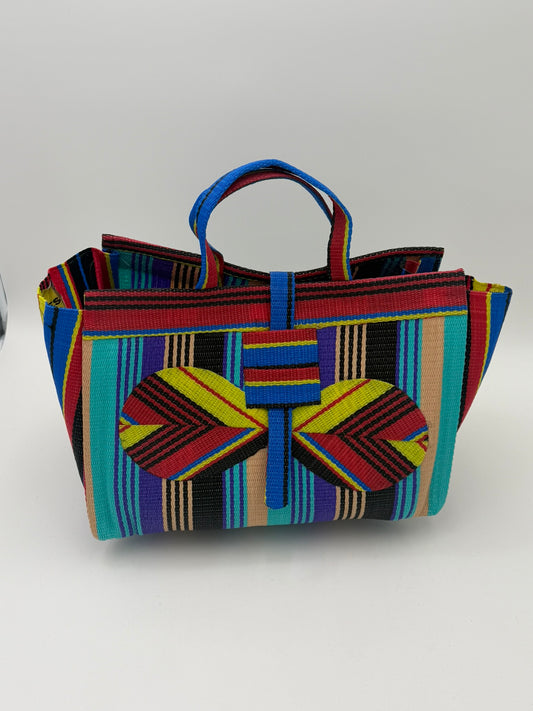 Africana Large handwoven tote bag by SCRUBIES in Red,Yellow,Teal,Purple,Beige,Black with Stripes design and Bow accent pattern