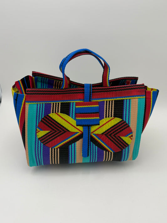 Africana Large handwoven tote bag by SCRUBIES in Red,Yellow,Teal,Purple,Beige,Black with Stripes design and Bow accent pattern