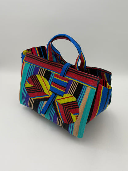 Africana Large handwoven tote bag by SCRUBIES in Red,Yellow,Teal,Purple,Beige,Black with Stripes design and Bow accent pattern