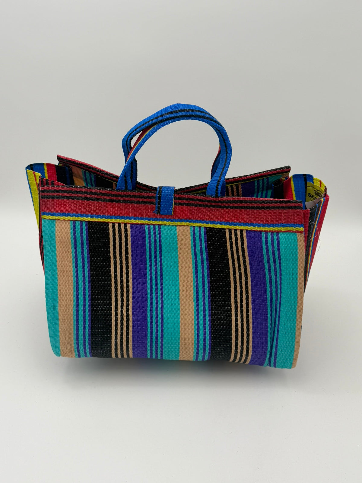 Africana Large handwoven tote bag by SCRUBIES in Red,Yellow,Teal,Purple,Beige,Black with Stripes design and Bow accent pattern
