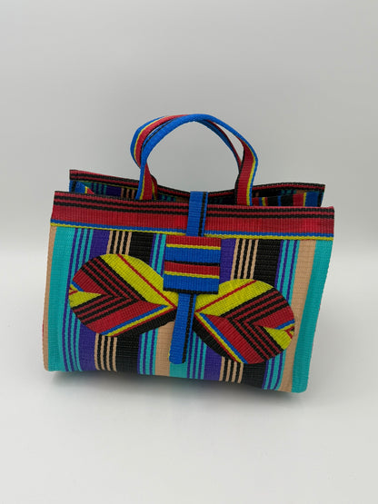 Africana Large handwoven tote bag by SCRUBIES in Red,Yellow,Teal,Purple,Beige,Black with Stripes design and Bow accent pattern