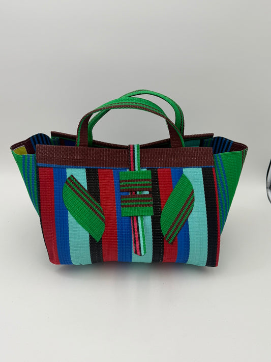 Teal Blocks Large handwoven tote bag by SCRUBIES in Teal,Red,Blue,Black,Brown,Green with Block design and Leaf accent pattern