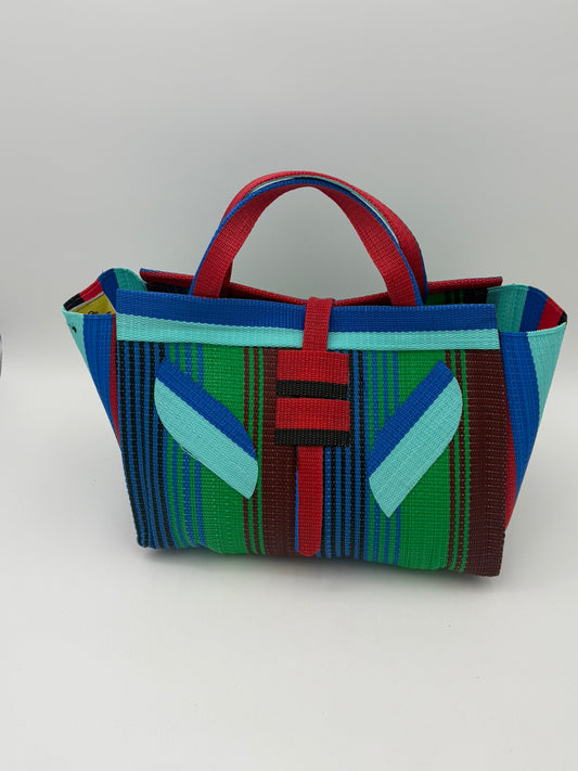 Emerald Large handwoven tote bag by SCRUBIES in Green,Red,Blue,Teal with Stripes design and Leaf accent pattern