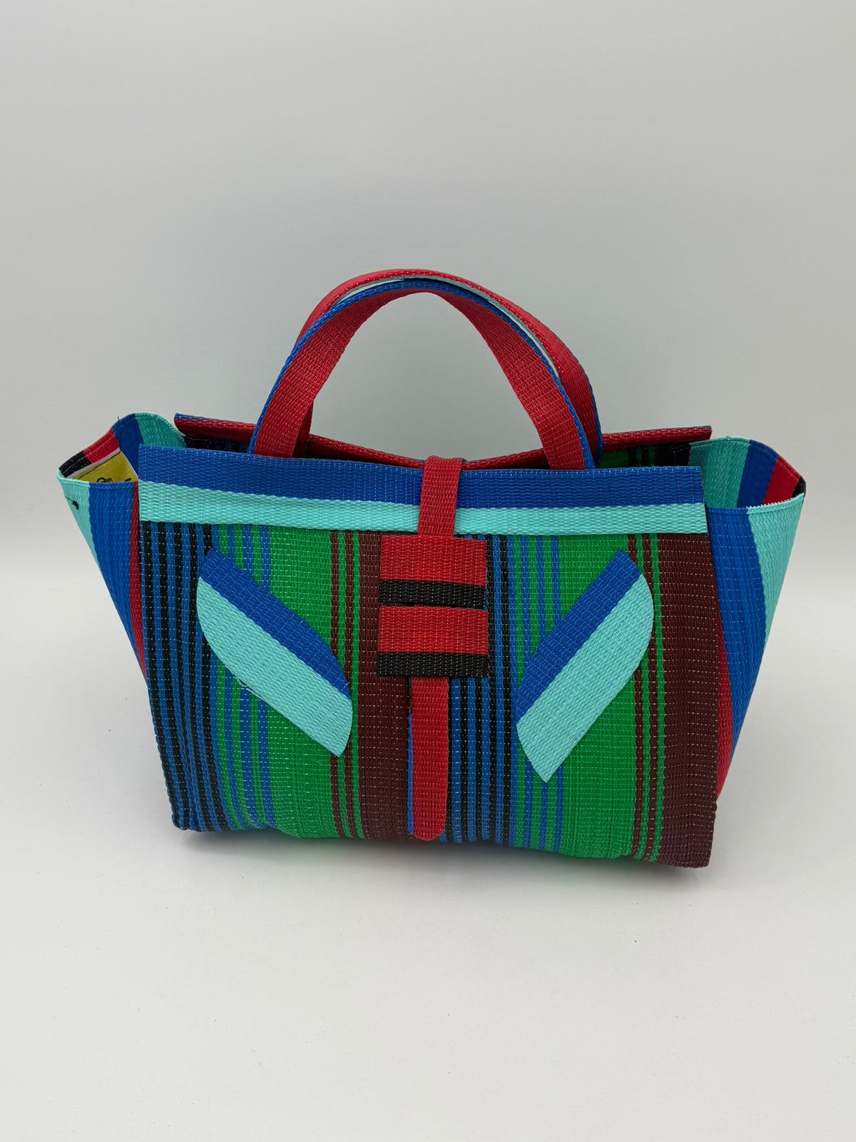Emerald Large handwoven tote bag by SCRUBIES in Green,Red,Blue,Teal with Stripes design and Leaf accent pattern