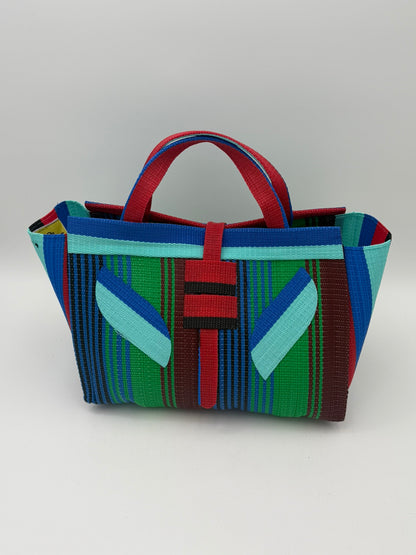 Emerald Large handwoven tote bag by SCRUBIES in Green,Red,Blue,Teal with Stripes design and Leaf accent pattern