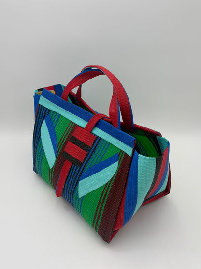 Emerald Large handwoven tote bag by SCRUBIES in Green,Red,Blue,Teal with Stripes design and Leaf accent pattern