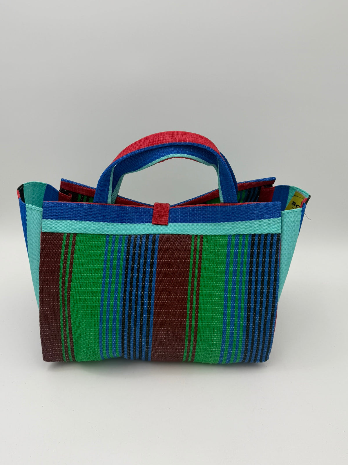 Emerald Large handwoven tote bag by SCRUBIES in Green,Red,Blue,Teal with Stripes design and Leaf accent pattern