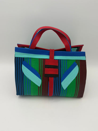 Emerald Large handwoven tote bag by SCRUBIES in Green,Red,Blue,Teal with Stripes design and Leaf accent pattern