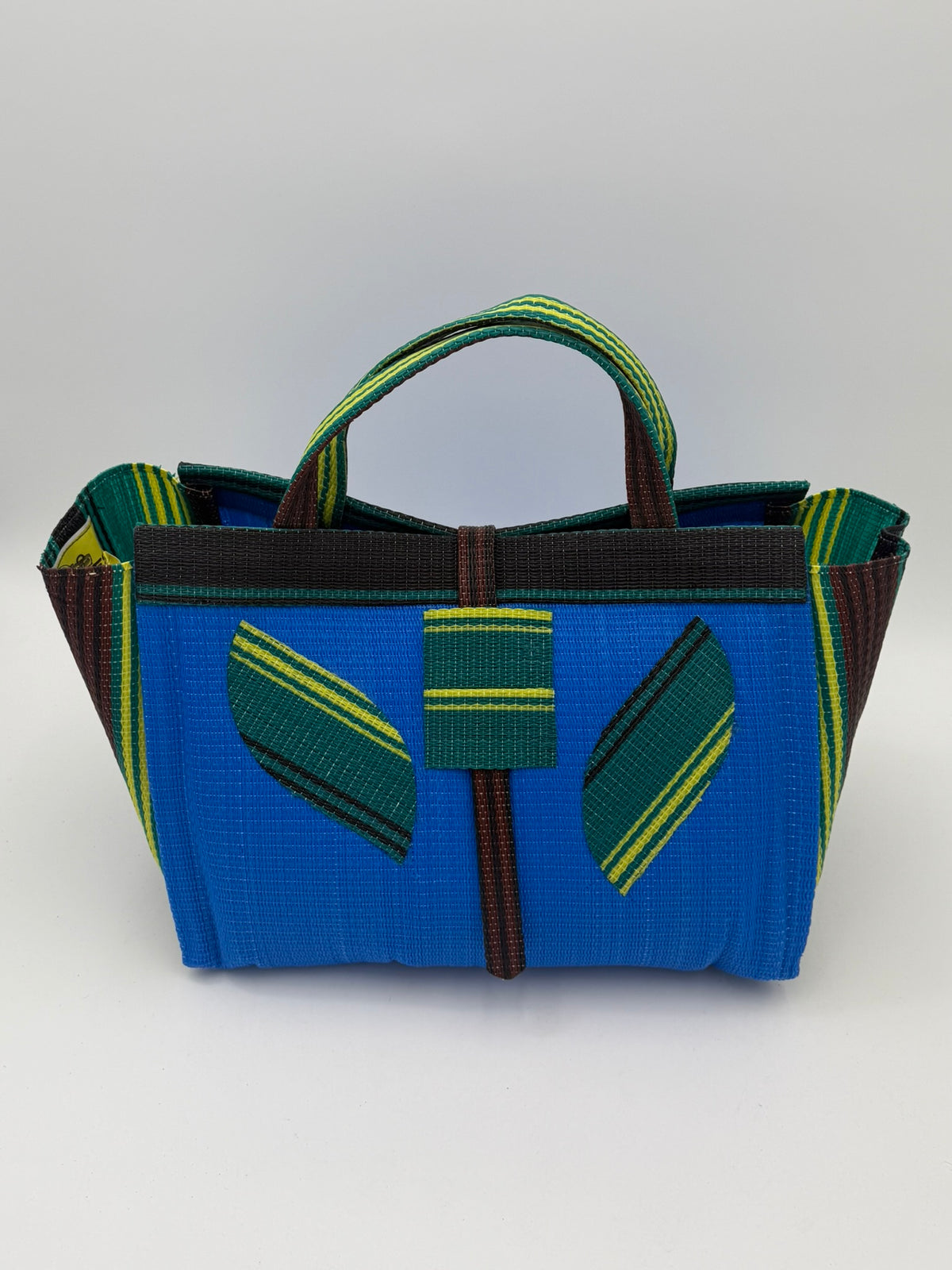 Lagoon Large handwoven tote bag by SCRUBIES in Blue,Green,Black,Brown with Solid design and Leaf accent pattern