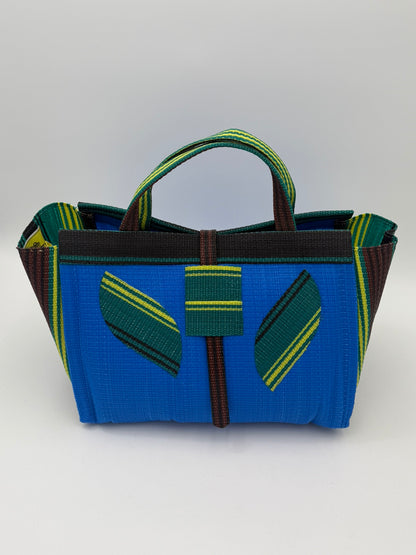 Lagoon Large handwoven tote bag by SCRUBIES in Blue,Green,Black,Brown with Solid design and Leaf accent pattern
