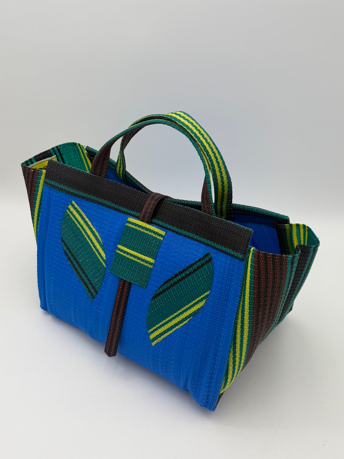 Lagoon Large handwoven tote bag by SCRUBIES in Blue,Green,Black,Brown with Solid design and Leaf accent pattern