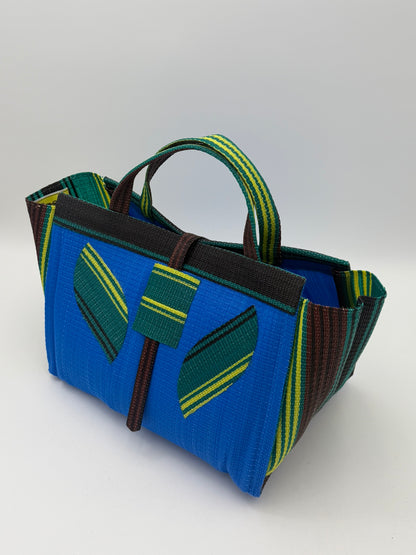Lagoon Large handwoven tote bag by SCRUBIES in Blue,Green,Black,Brown with Solid design and Leaf accent pattern