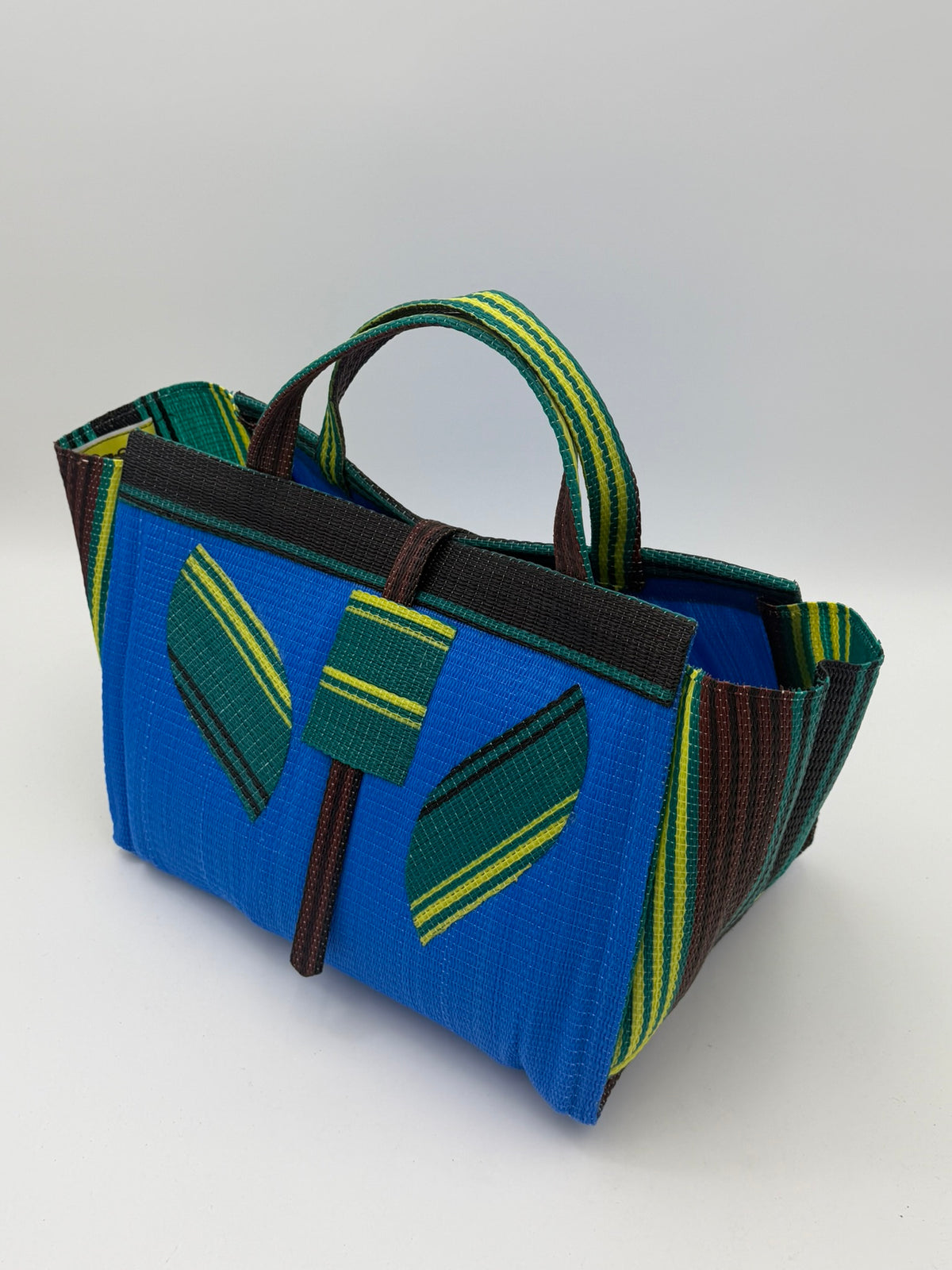 Lagoon Large handwoven tote bag by SCRUBIES in Blue,Green,Black,Brown with Solid design and Leaf accent pattern