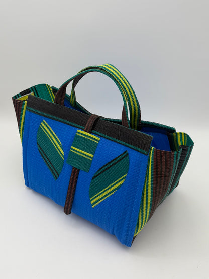 Lagoon Large handwoven tote bag by SCRUBIES in Blue,Green,Black,Brown with Solid design and Leaf accent pattern