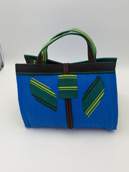 Lagoon Large handwoven tote bag by SCRUBIES in Blue,Green,Black,Brown with Solid design and Leaf accent pattern