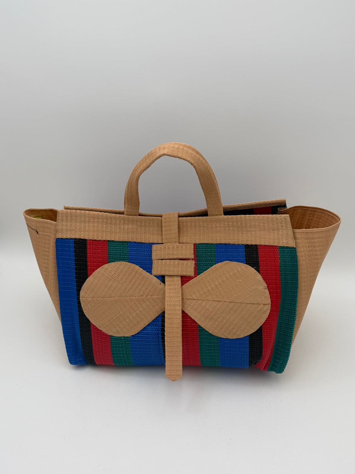 Red Blocks Large handwoven tote bag by SCRUBIES in Beige,Blue,Black,Red,Green with Block design and Bow  accent pattern