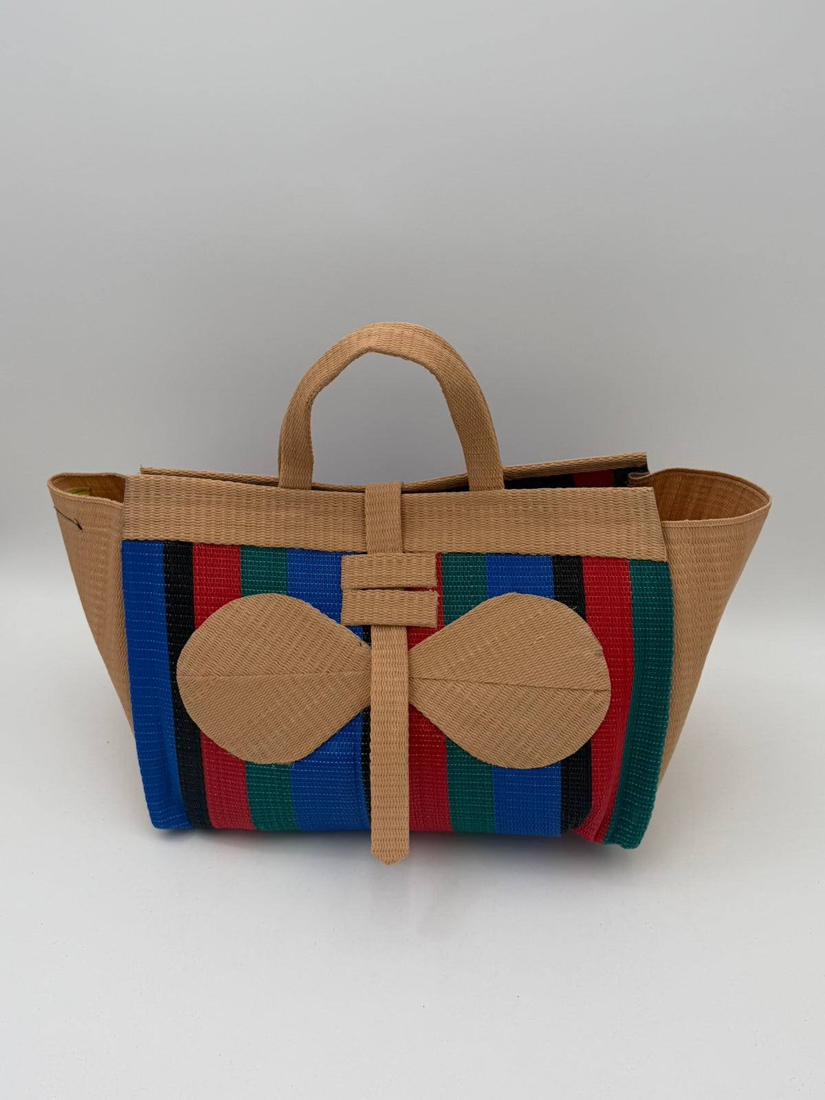 Red Blocks Large handwoven tote bag by SCRUBIES in Beige,Blue,Black,Red,Green with Block design and Bow  accent pattern