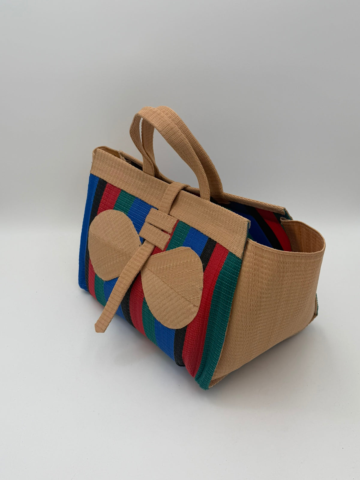 Red Blocks Large handwoven tote bag by SCRUBIES in Beige,Blue,Black,Red,Green with Block design and Bow  accent pattern