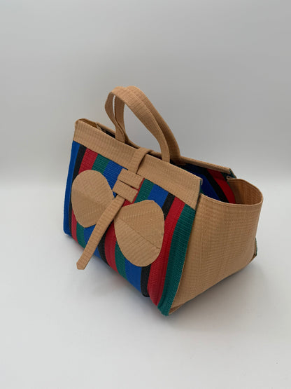 Red Blocks Large handwoven tote bag by SCRUBIES in Beige,Blue,Black,Red,Green with Block design and Bow  accent pattern