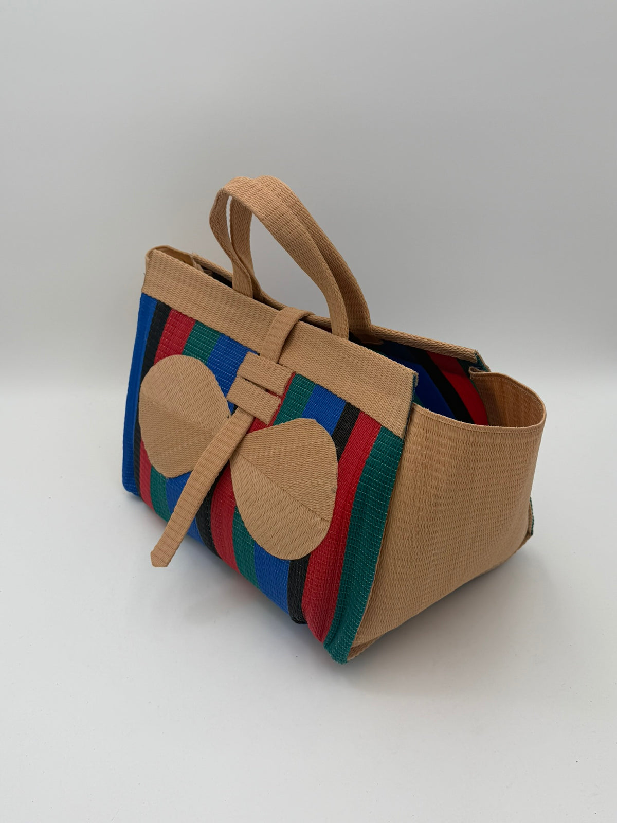Red Blocks Large handwoven tote bag by SCRUBIES in Beige,Blue,Black,Red,Green with Block design and Bow  accent pattern