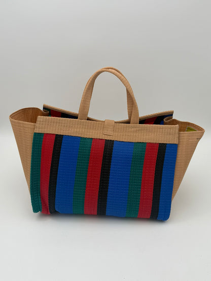 Red Blocks Large handwoven tote bag by SCRUBIES in Beige,Blue,Black,Red,Green with Block design and Bow  accent pattern