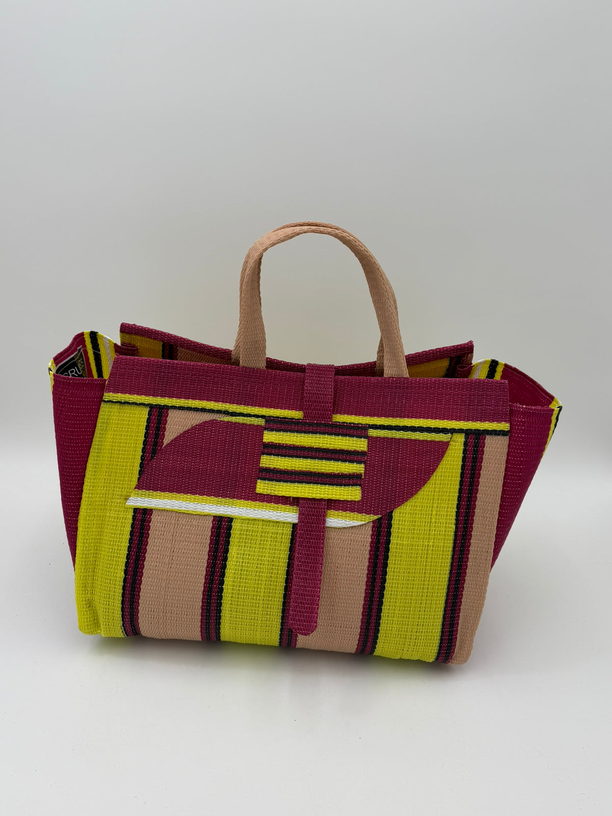 Sunshine Large handwoven tote bag by SCRUBIES in Wine,Yeloow,Beige with Stripes design and Almond accent pattern