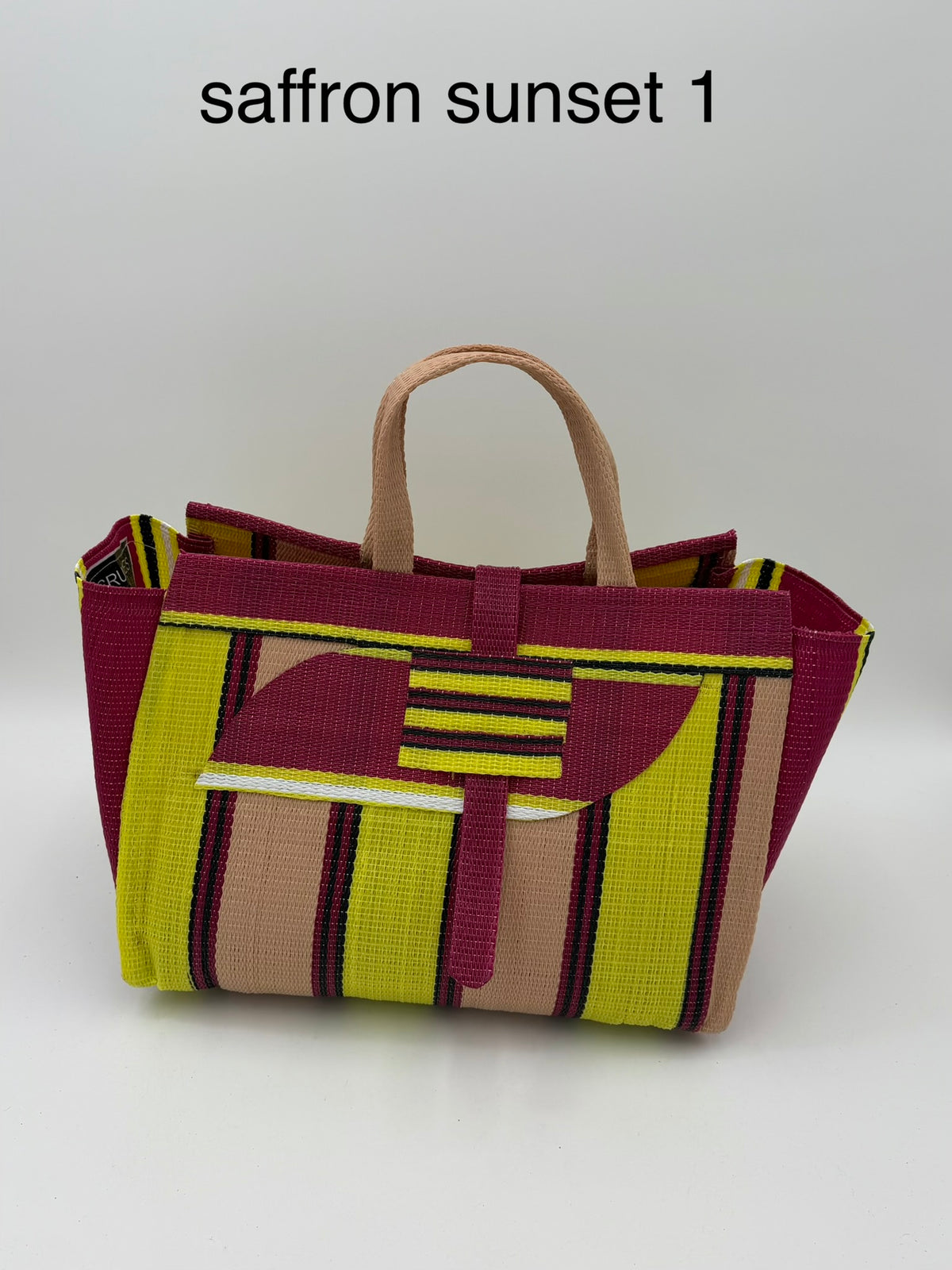 Sunshine Large handwoven tote bag by SCRUBIES in Wine,Yeloow,Beige with Stripes design and Almond accent pattern