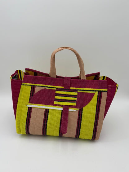 Sunshine Large handwoven tote bag by SCRUBIES in Wine,Yeloow,Beige with Stripes design and Almond accent pattern
