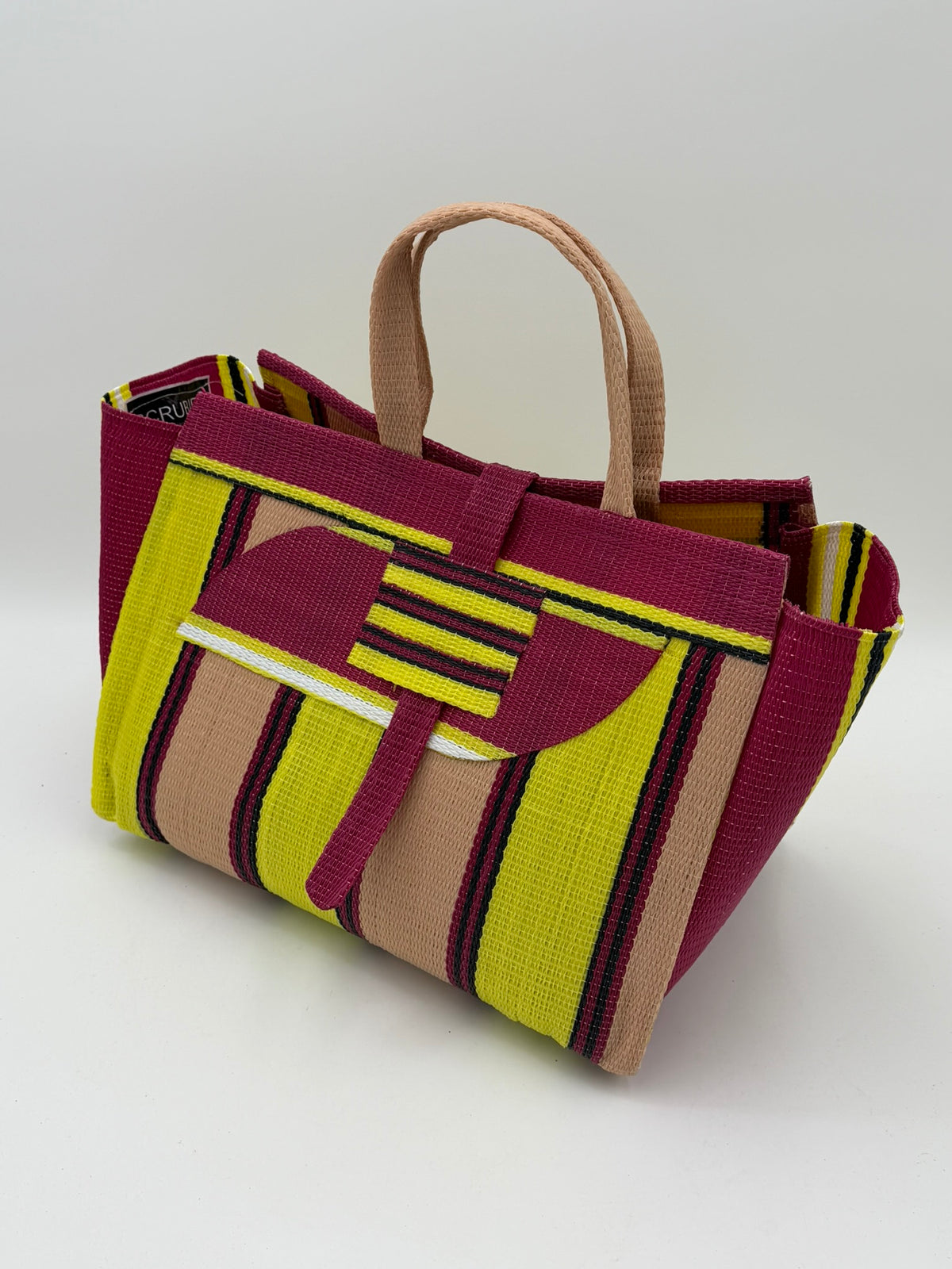 Sunshine Large handwoven tote bag by SCRUBIES in Wine,Yeloow,Beige with Stripes design and Almond accent pattern