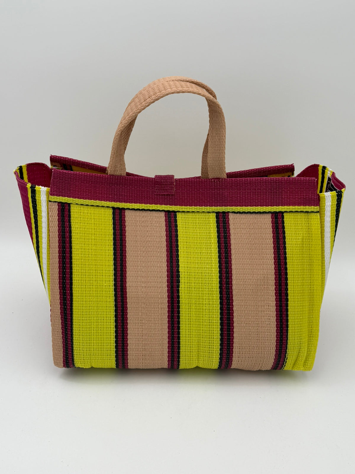 Sunshine Large handwoven tote bag by SCRUBIES in Wine,Yeloow,Beige with Stripes design and Almond accent pattern