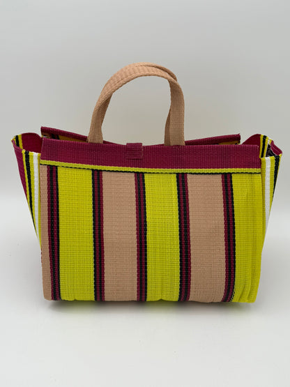 Sunshine Large handwoven tote bag by SCRUBIES in Wine,Yeloow,Beige with Stripes design and Almond accent pattern