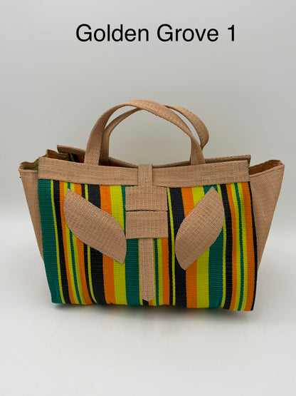 Sunshine Large handwoven tote bag by SCRUBIES in Beige,Yellow,Orange,Green,Black with Stripes design and Leaf accent pattern