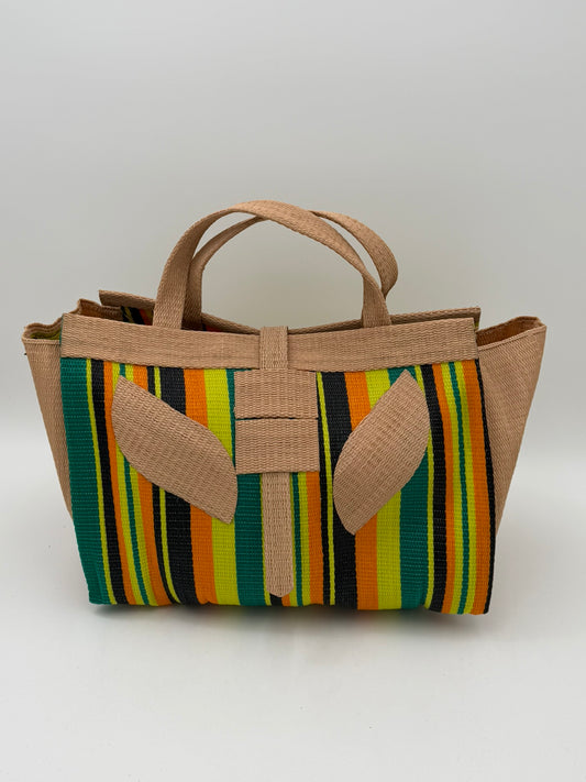 Sunshine Large handwoven tote bag by SCRUBIES in Beige,Yellow,Orange,Green,Black with Stripes design and Leaf accent pattern