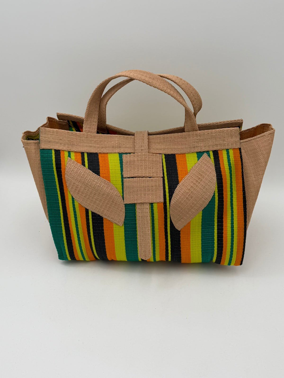 Sunshine Large handwoven tote bag by SCRUBIES in Beige,Yellow,Orange,Green,Black with Stripes design and Leaf accent pattern