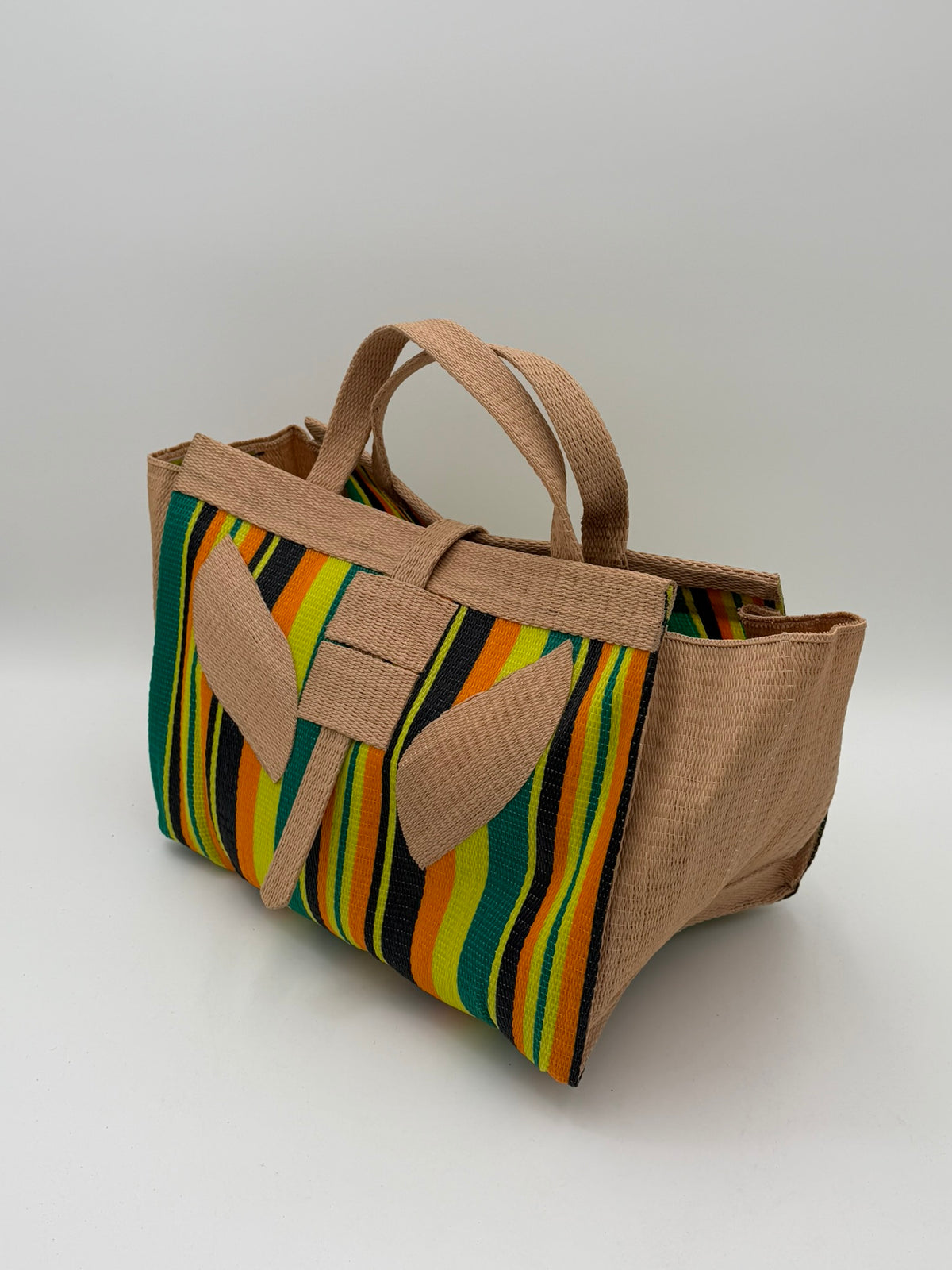 Sunshine Large handwoven tote bag by SCRUBIES in Beige,Yellow,Orange,Green,Black with Stripes design and Leaf accent pattern