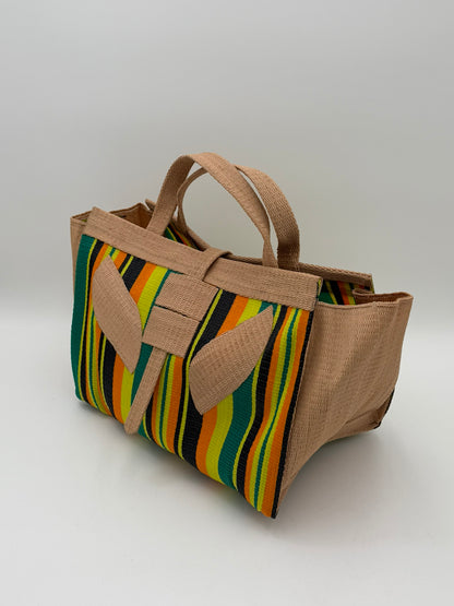 Sunshine Large handwoven tote bag by SCRUBIES in Beige,Yellow,Orange,Green,Black with Stripes design and Leaf accent pattern
