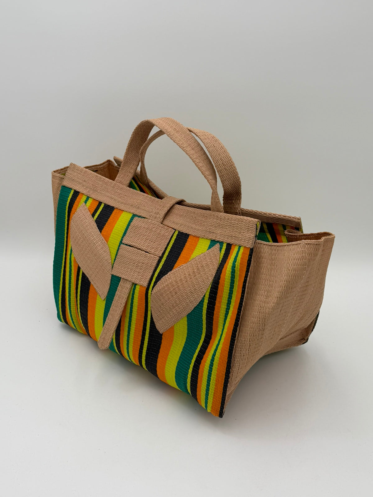 Sunshine Large handwoven tote bag by SCRUBIES in Beige,Yellow,Orange,Green,Black with Stripes design and Leaf accent pattern
