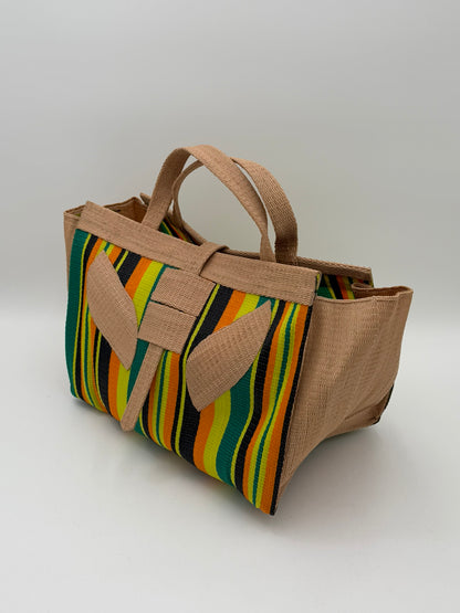 Sunshine Large handwoven tote bag by SCRUBIES in Beige,Yellow,Orange,Green,Black with Stripes design and Leaf accent pattern
