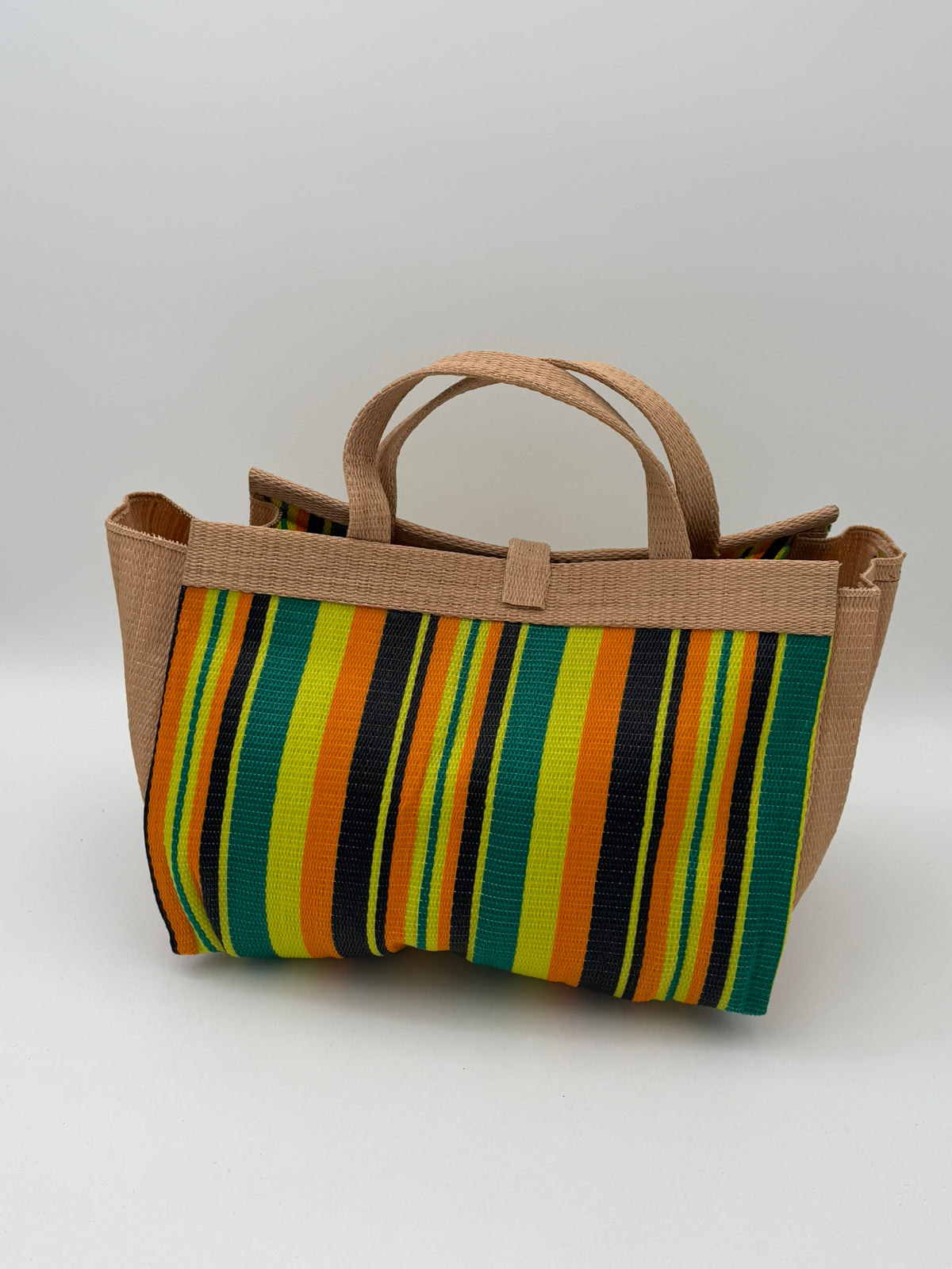 Sunshine Large handwoven tote bag by SCRUBIES in Beige,Yellow,Orange,Green,Black with Stripes design and Leaf accent pattern