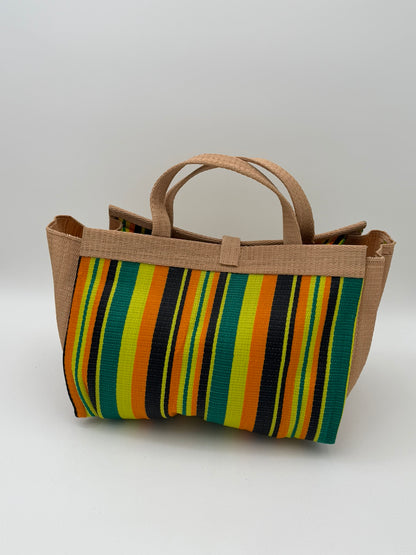 Sunshine Large handwoven tote bag by SCRUBIES in Beige,Yellow,Orange,Green,Black with Stripes design and Leaf accent pattern