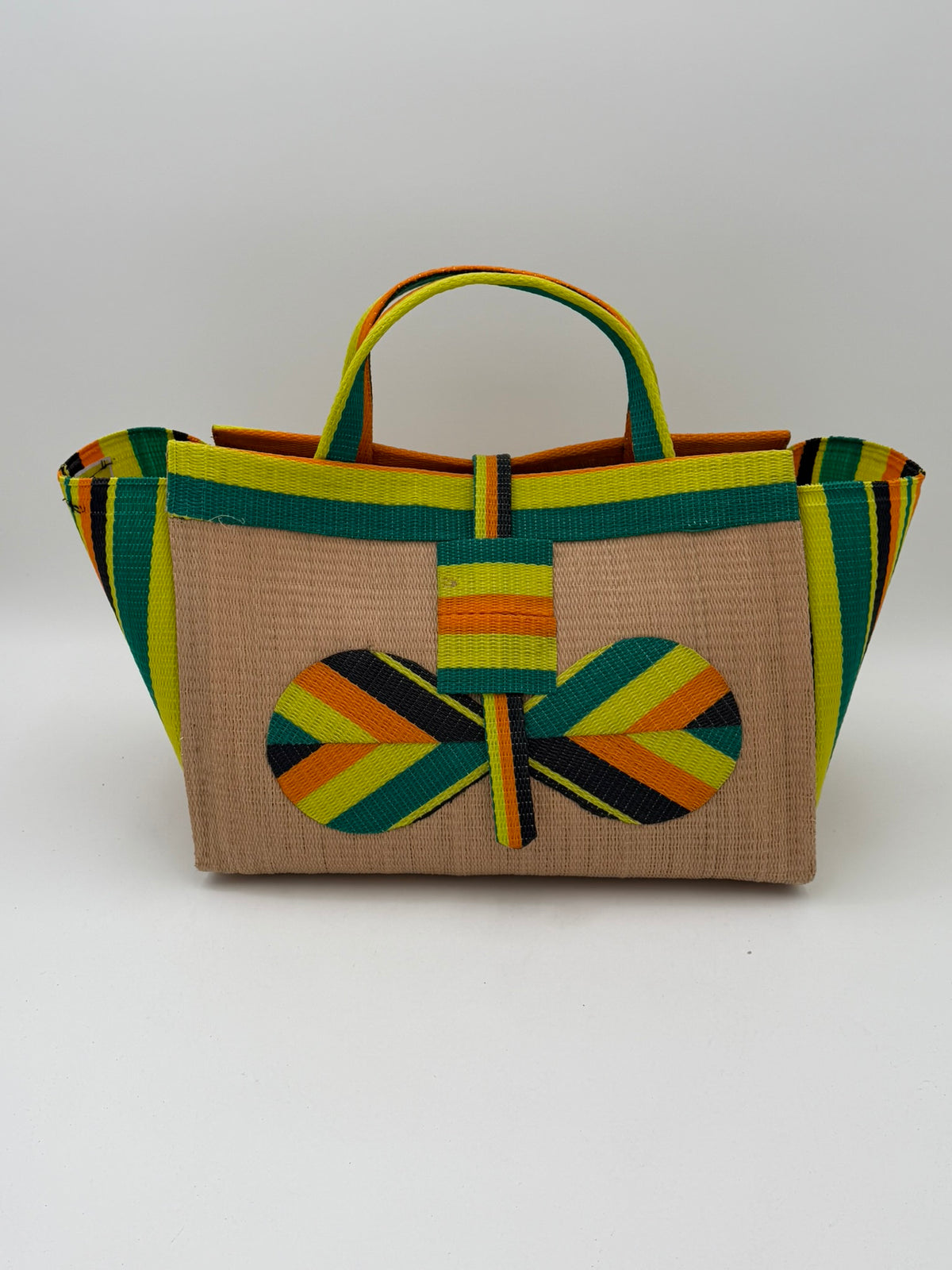 Sunshine Large handwoven tote bag by SCRUBIES in Beige,Yellow,Orange,Green,Black with Solid design and Bow accent pattern