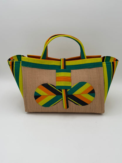 Sunshine Large handwoven tote bag by SCRUBIES in Beige,Yellow,Orange,Green,Black with Solid design and Bow accent pattern