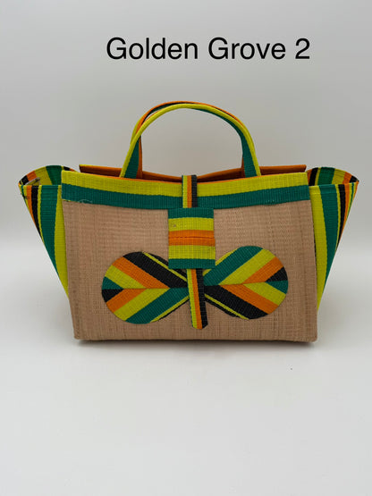 Sunshine Large handwoven tote bag by SCRUBIES in Beige,Yellow,Orange,Green,Black with Solid design and Bow accent pattern
