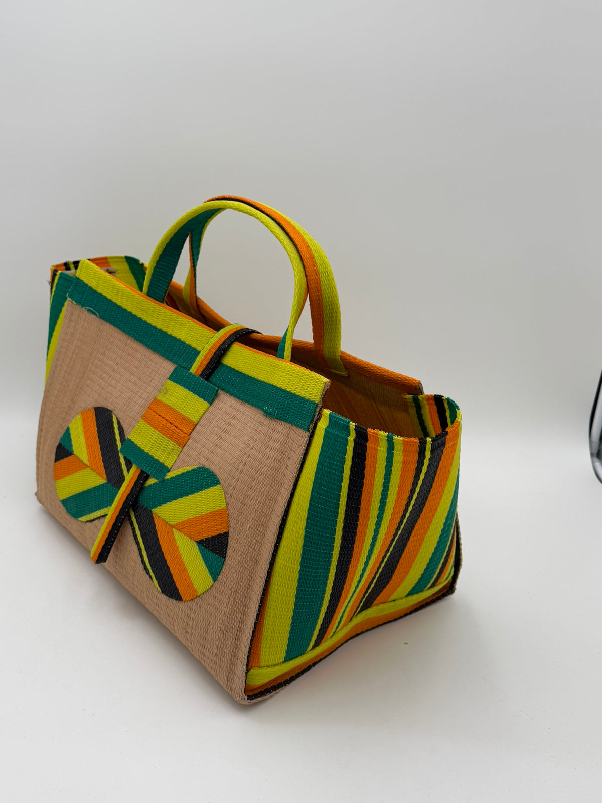 Sunshine Large handwoven tote bag by SCRUBIES in Beige,Yellow,Orange,Green,Black with Solid design and Bow accent pattern