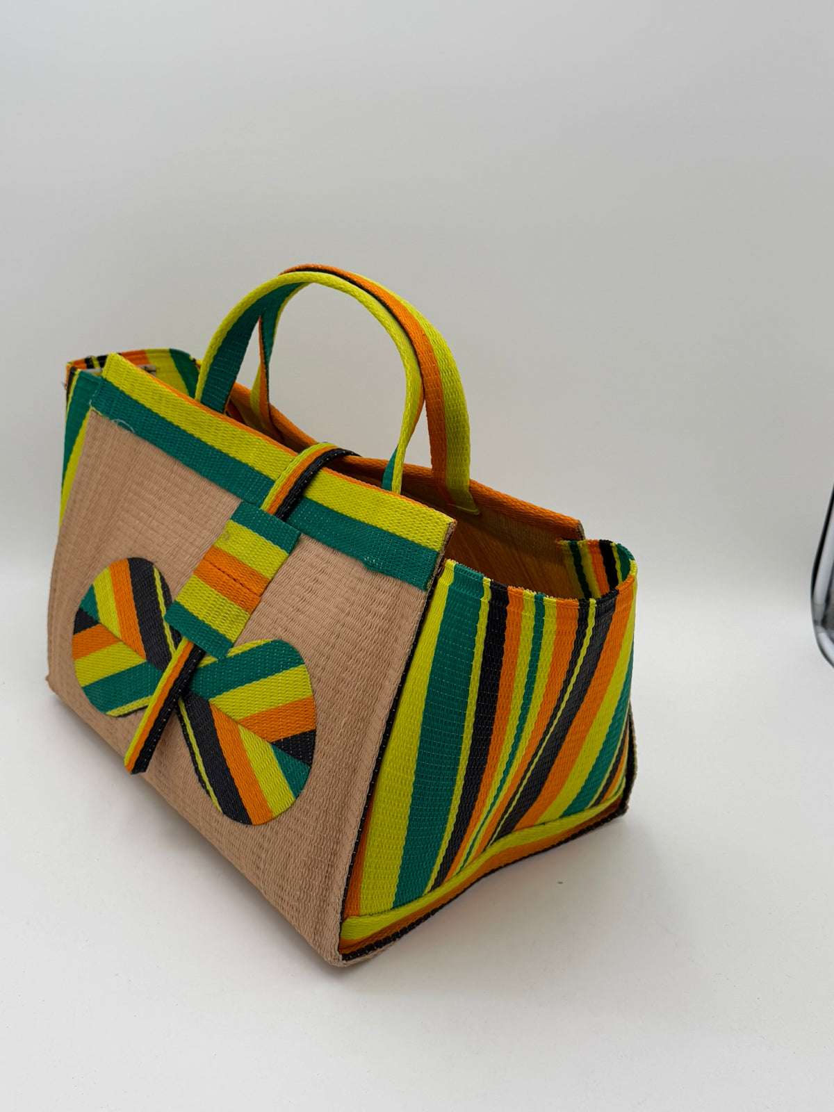 Sunshine Large handwoven tote bag by SCRUBIES in Beige,Yellow,Orange,Green,Black with Solid design and Bow accent pattern