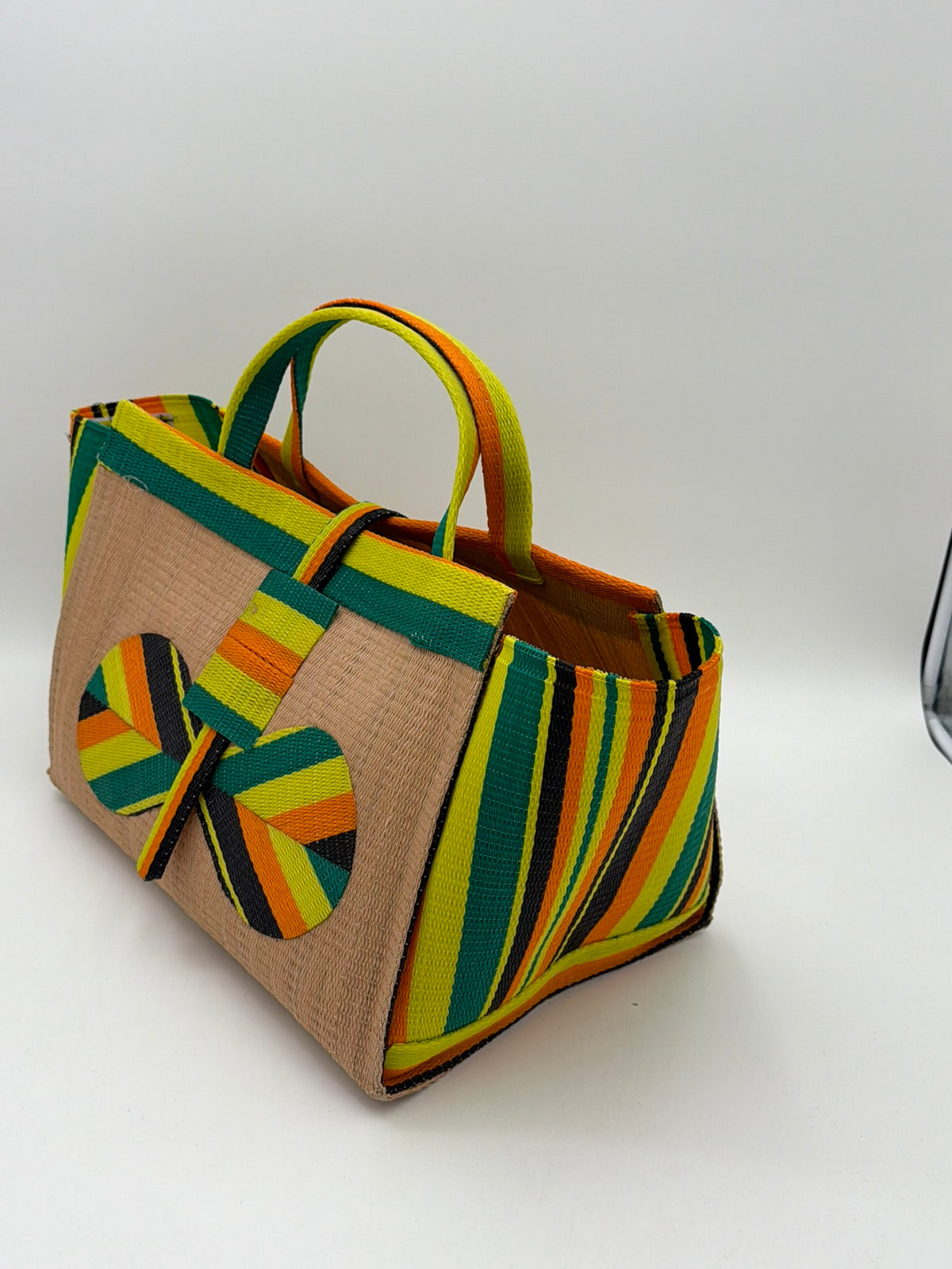 Sunshine Large handwoven tote bag by SCRUBIES in Beige,Yellow,Orange,Green,Black with Solid design and Bow accent pattern